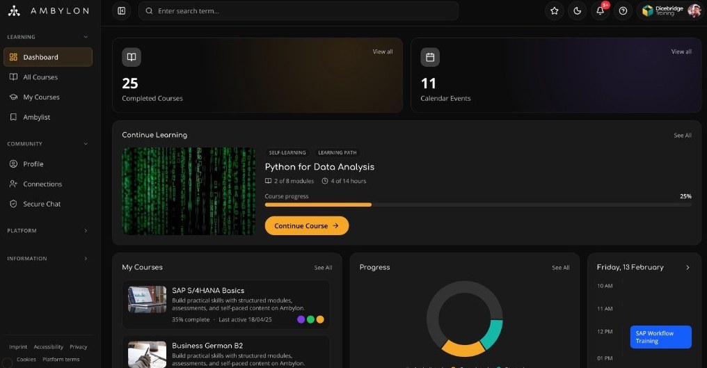 Ambylon 2D dashboard with continue learning, my courses, progress, and schedule