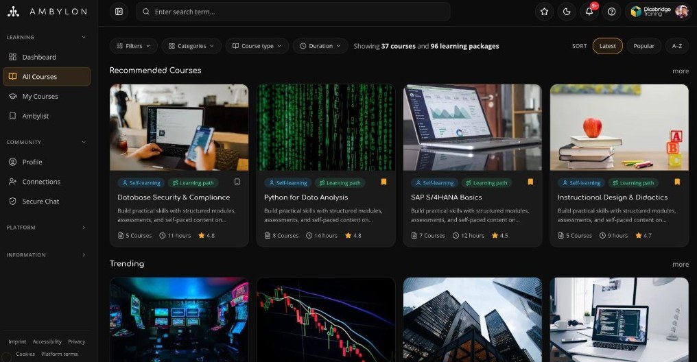 Ambylon 2D All Courses page in dark theme