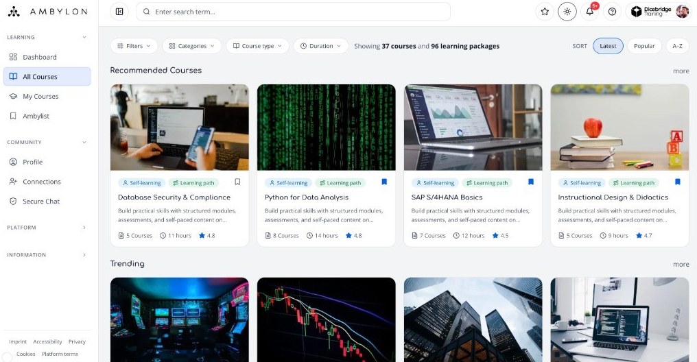 Ambylon 2D All Courses page in light theme