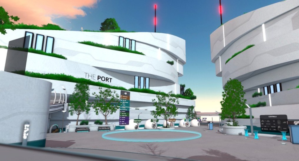 Ambylon world hub The Port — multi-tier white buildings with greenery, spawn ring, and directory signage