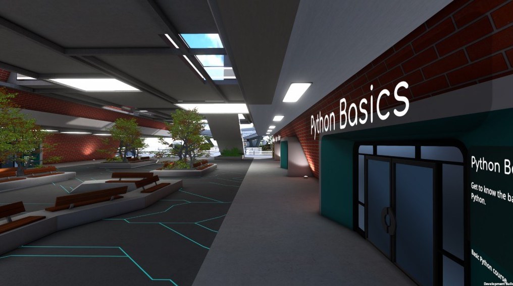 Ambylon thematic learning environment — IT campus corridor with Python Basics entrance